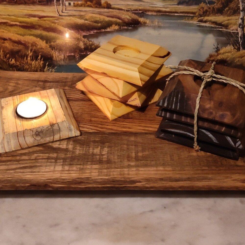 Handcrafted Reclaimed Wood Rustic Candle Holders Set 4 Dark Stain or Plain